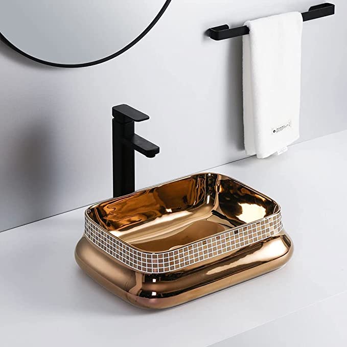 REMANENCE Ceramic Countertop Wash Basin for Bathroom, Restaurant, Living Room (18 x 13 x 5.5 Inch) (Golden Glossy Finish-Square)