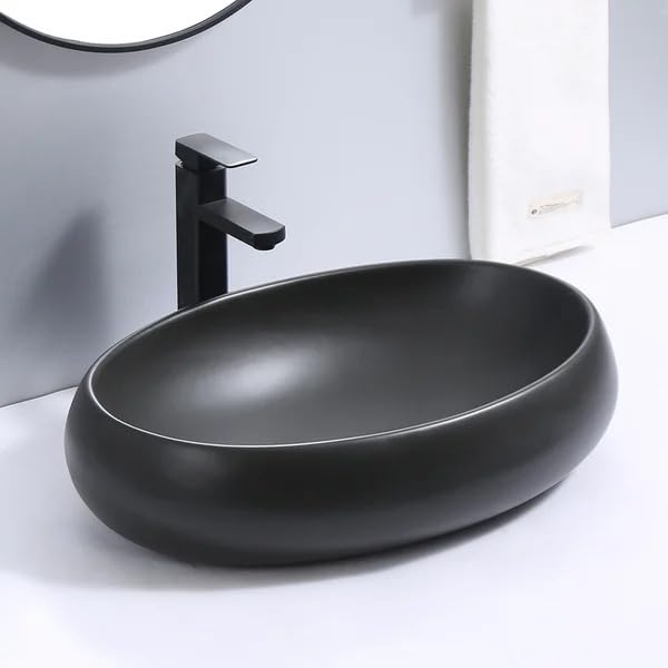 REMANENCE Ceramic Countertop Wash Basin for Designer Bathroom, Boutique Hotels, Luxury Homes (24 x 15 x 6 Inch) (Matte Black)