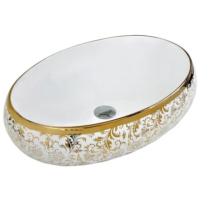 REMANENCE Premium Countertop Wash Basin for Boutique Hotels & Resorts, Showrooms & Offices, Premium Restaurants & Cafés, Luxury Bathrooms (24 X 14 X 5 Inch) (Glossy White Golden Basin-Abstract Design)