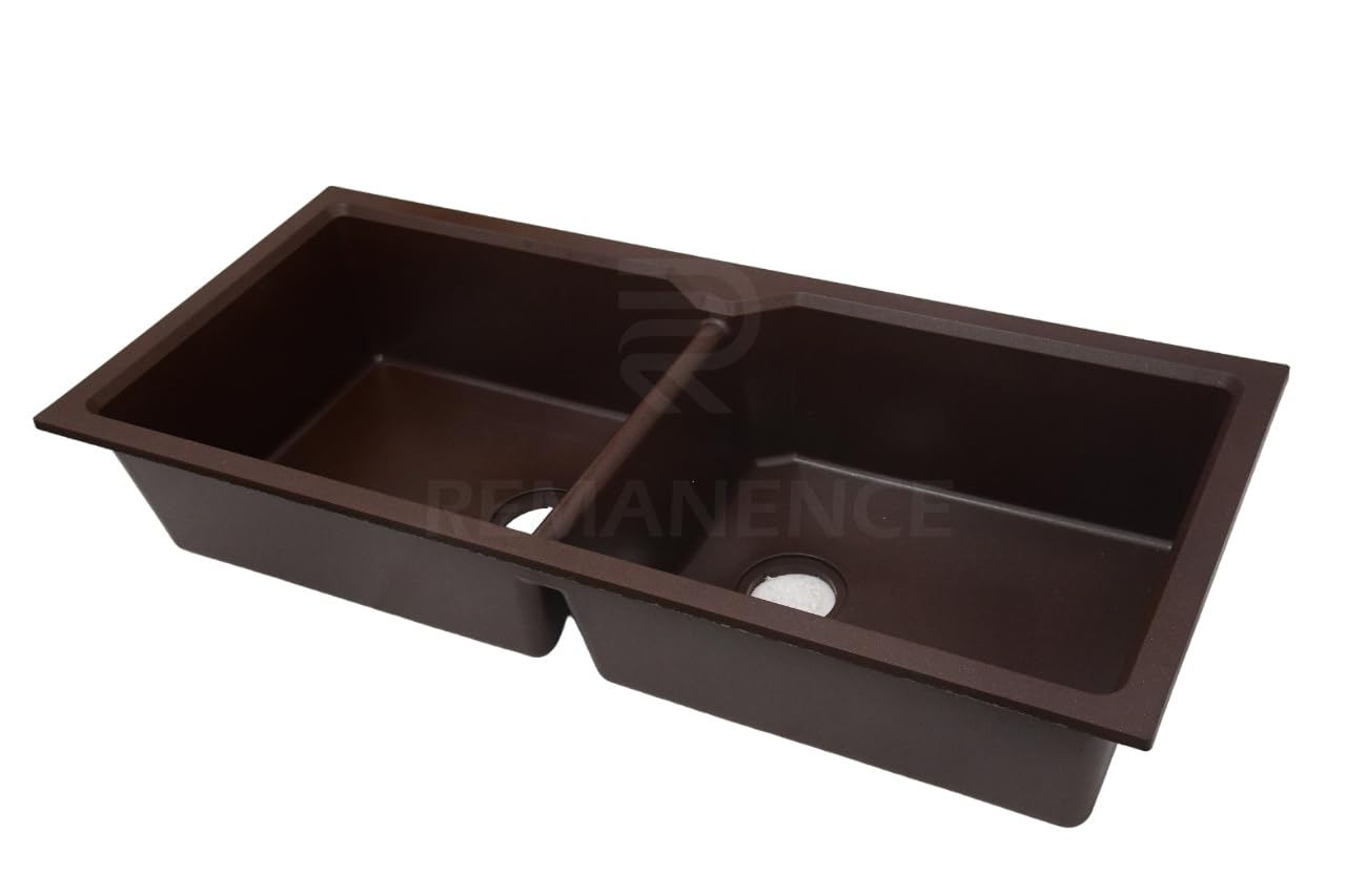 REMANENCE Granite Quartz Double Bowl Kitchen Sink With Drain Board (45 x 20 x 9 Inch) (Brown)