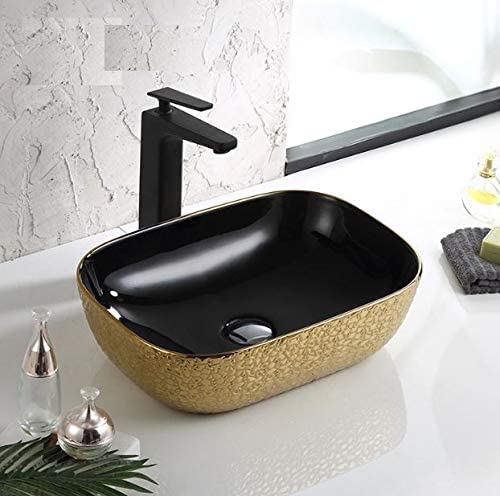 REMANENCE Premium Tabletop Wash Basin for Luxury Bathroom, Gourmet Restaurants, Designer Showrooms (18 x 13 x 5.5 Inch) (Black Golden Wash Basin-Glossy Finish)