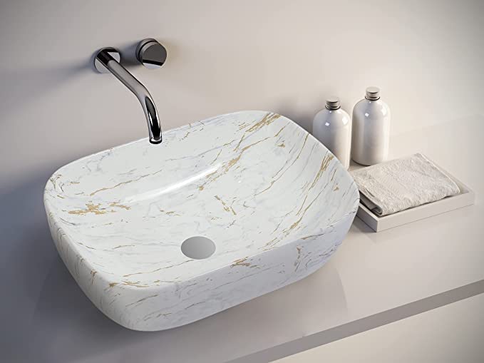 REMANENCE Designer Premium Table Top Wash Basin for Designer Showrooms, Fine-Dining Establishments, Upscale Hospitality Venues (18 x 13 x 5.5 Inch) (Glossy-White N Golden Strap)
