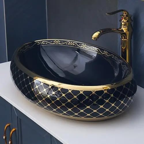 REMANENCE Premium Countertop Wash Basin for High-End Restaurants, Boutique Hotel & Resort, Gourmet Cafés (24 x 16 x 6 Inch) (Glossy Black Golden Basin-Cross Design)