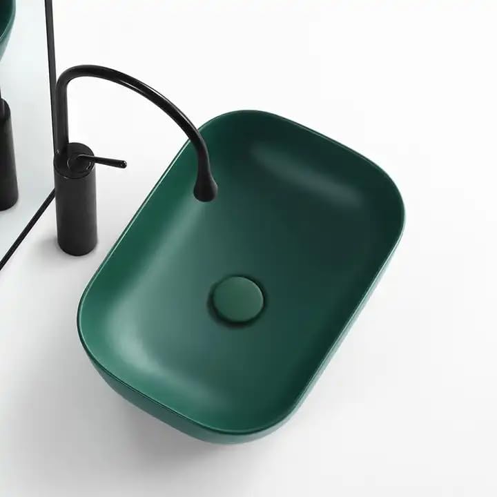 REMANENCE Premium Ceramic Countertop Wash Basin for Premium Restaurants & Cafés, Luxury Bathrooms, Showrooms & Offices (18 x 13 x 5.5 Inch) (Matte Green Basin)