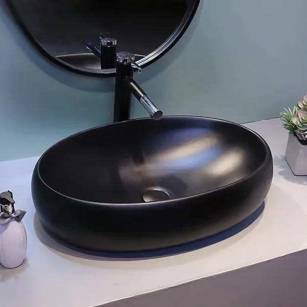 REMANENCE Ceramic Countertop Wash Basin for Designer Bathroom, Boutique Hotels, Luxury Homes (24 x 15 x 6 Inch) (Matte Black)