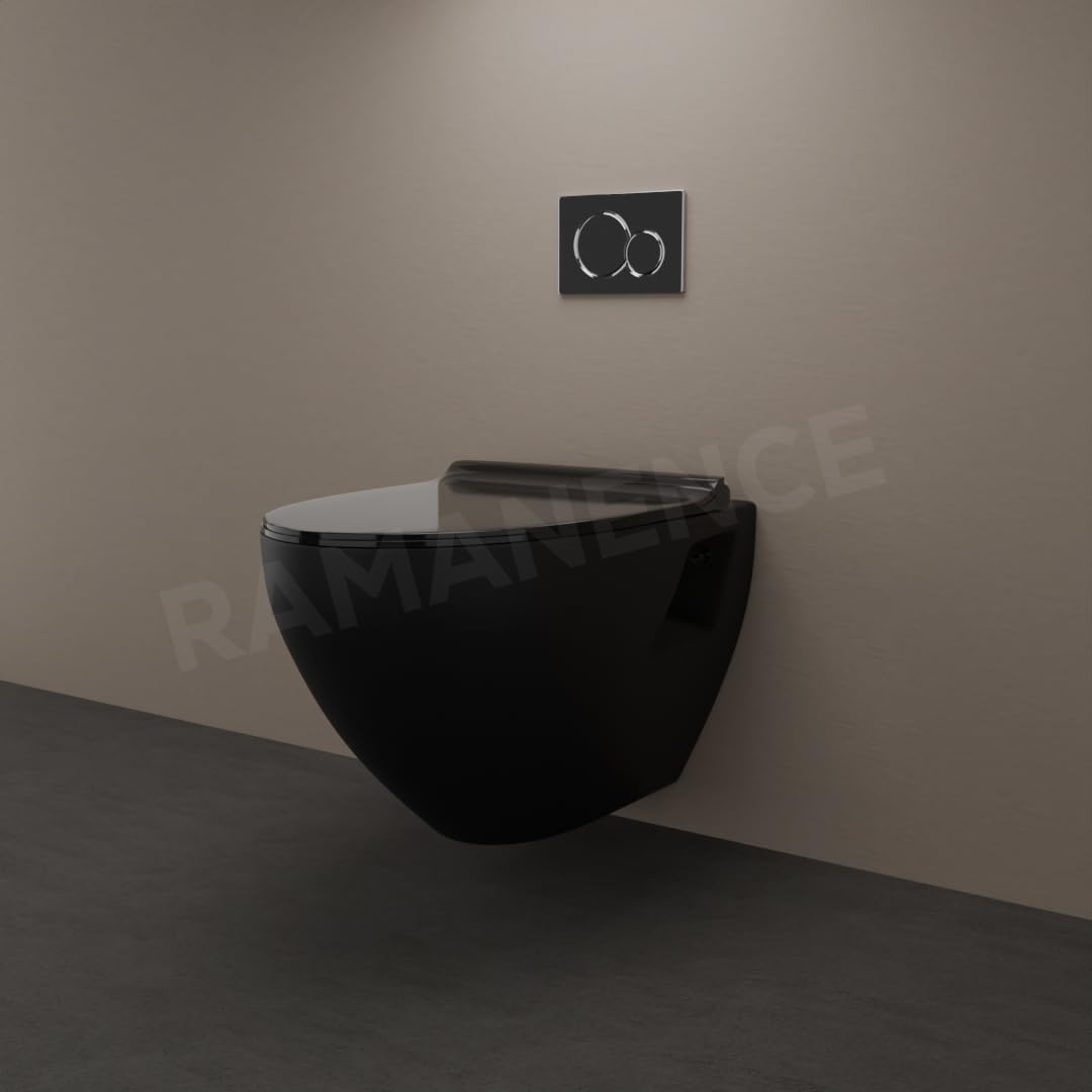 REMANENCE-CARDIFF Wall Mount Commode for Home, Restaurant, Commercial Buildings with Soft Close Seat Cover (Black)