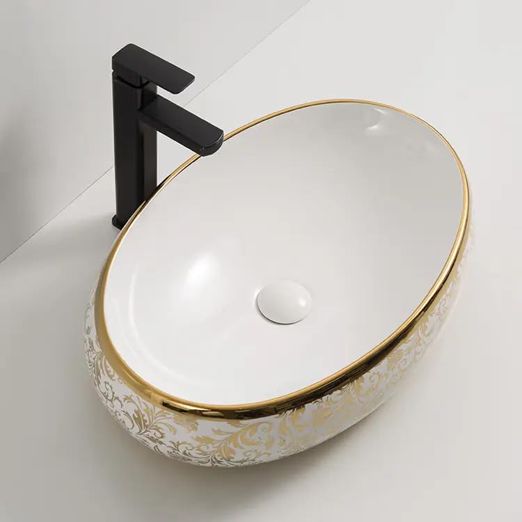 REMANENCE Premium Countertop Wash Basin for Boutique Hotels & Resorts, Showrooms & Offices, Premium Restaurants & Cafés, Luxury Bathrooms (24 X 14 X 5 Inch) (Glossy White Golden Basin-Abstract Design)