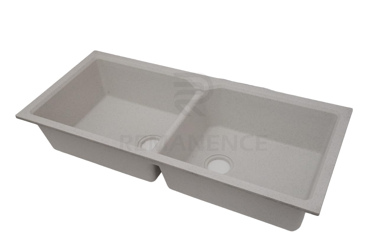 REMANENCE Granite Quartz Double Bowl Kitchen Sink With Drain Board (45 x 20 x 9 Inch) (Snow Sand)