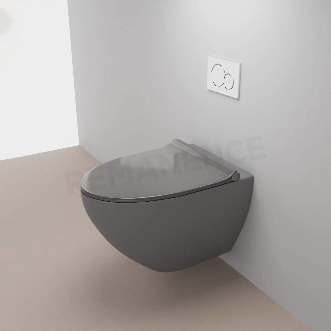 REMANENCE-CARDIFF Wall Mount Commode for Home, Restaurant, Commercial Buildings with Soft Close Seat Cover (Grey)