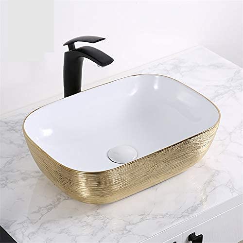 REMANENCE Premium Tabletop Wash Basin for Luxury Bathroom, Gourmet Restaurants, Designer Showrooms (18 x 13 x 5.5 Inch) (White Golden Wash Basin-Glossy Finish)