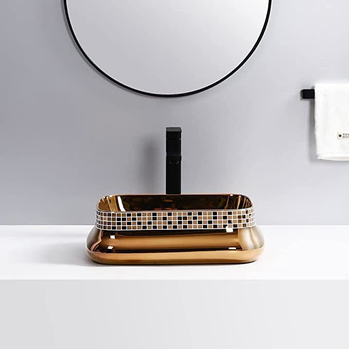 REMANENCE Ceramic Countertop Wash Basin for Bathroom, Restaurant, Living Room (18 x 13 x 5.5 Inch) (Golden Glossy Finish-Square)