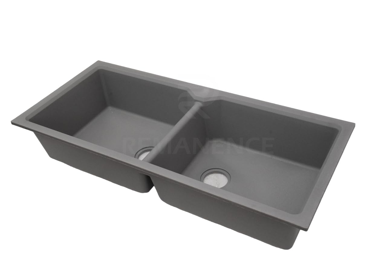 REMANENCE Granite Quartz Double Bowl Kitchen Sink With Drain Board (45 x 20 x 9 Inch) (Grey)