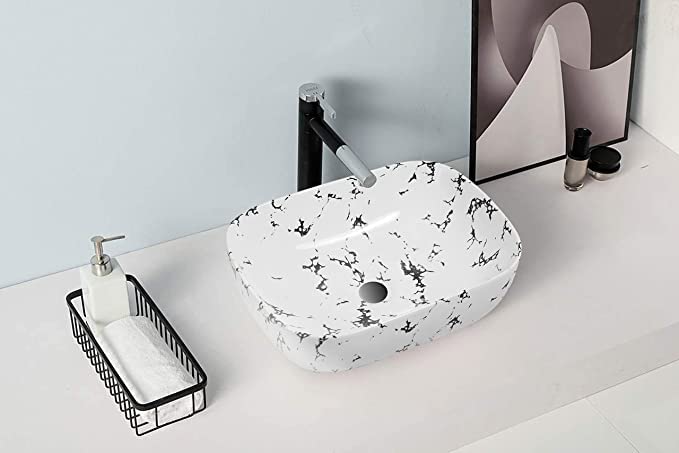 REMANENCE Designer Premium Table Top Wash Basin for Designer Showrooms, Fine-Dining Establishments, Upscale Hospitality Venues (18 x 13 x 5.5 Inch) (White-Black)