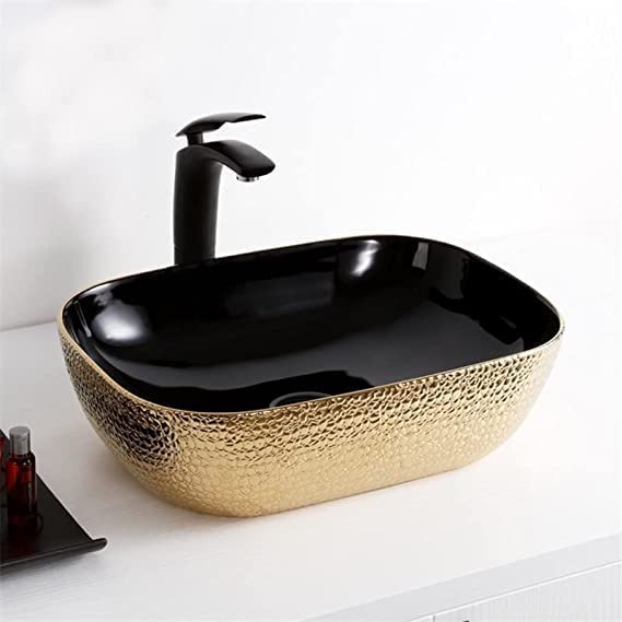 REMANENCE Premium Tabletop Wash Basin for Luxury Bathroom, Gourmet Restaurants, Designer Showrooms (18 x 13 x 5.5 Inch) (Black Golden Wash Basin-Glossy Finish)