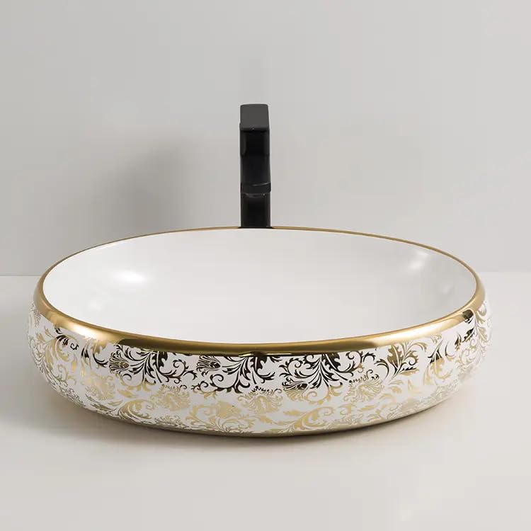 REMANENCE Premium Countertop Wash Basin for Boutique Hotels & Resorts, Showrooms & Offices, Premium Restaurants & Cafés, Luxury Bathrooms (24 X 14 X 5 Inch) (Glossy White Golden Basin-Abstract Design)