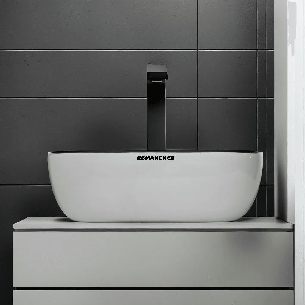 REMANENCE Premium Designer Table Top Wash Basin For Designer Bathrooms, Luxury Homes, Boutique Hotels (18 x 13 x 5.5 Inch) (AD 69 Plain White Black Line Tip)