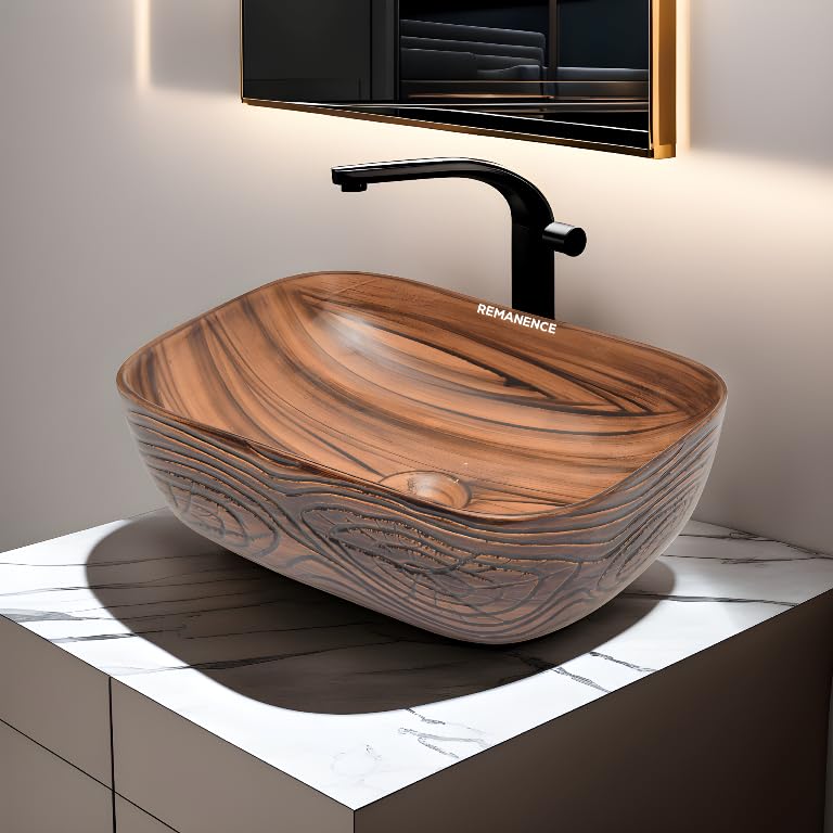 REMANENCE Premium Wooden Style Designer Table Top Wash Basin for Luxury Homes, Premium Restaurants & Cafés, Boutique Hotels & Resorts (18 x 13 x 5.5 Inch) (Wooden Style Basin 03)