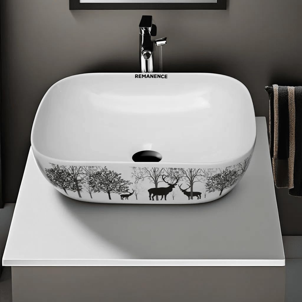 REMANENCE Premium Designer Table Top Wash Basin For Designer Bathrooms, Luxury Homes, Boutique Hotels (18 x 13 x 5.5 Inch) (Animal Printed)