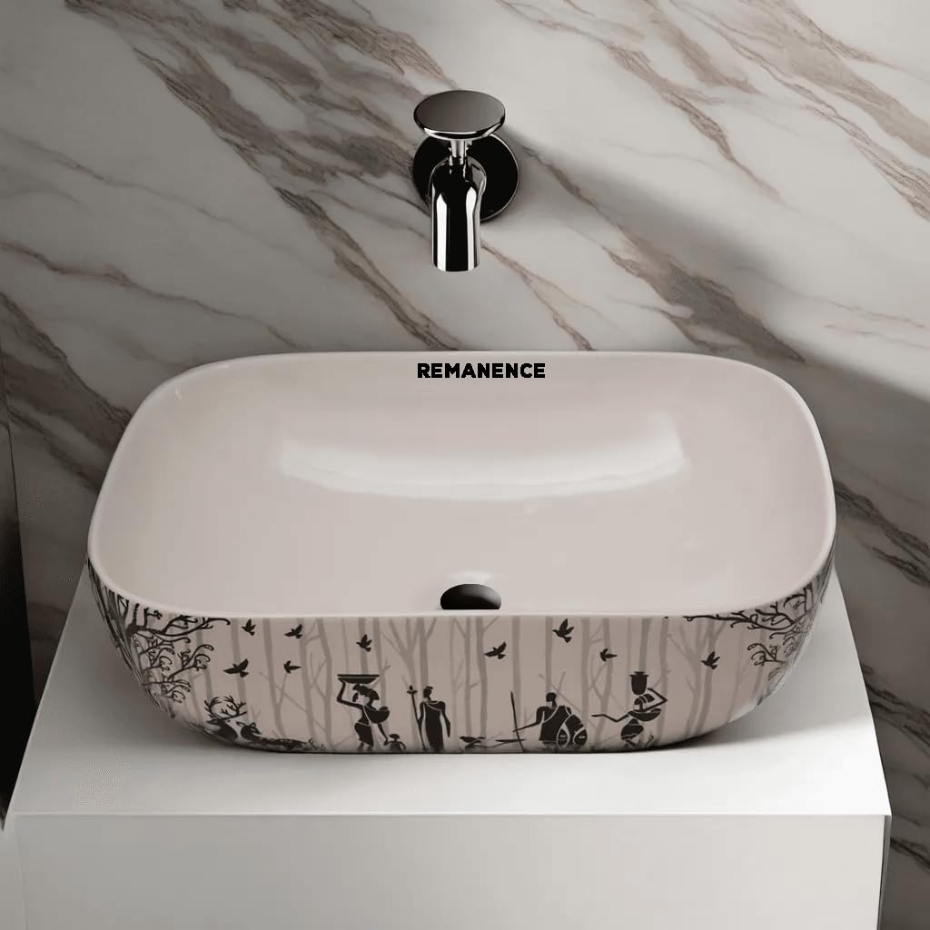 REMANENCE Premium Designer Table Top Wash Basin For Designer Bathrooms, Luxury Homes, Boutique Hotels (18 x 13 x 5.5 Inch) (AD 27 Forest Printed)