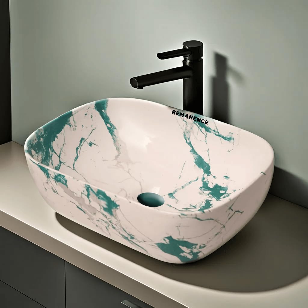 REMANENCE Premium Designer Table Top Wash Basin For Designer Bathrooms, Luxury Homes, Boutique Hotels (18 x 13 x 5.5 Inch) (AD 74 Designer White Rama)