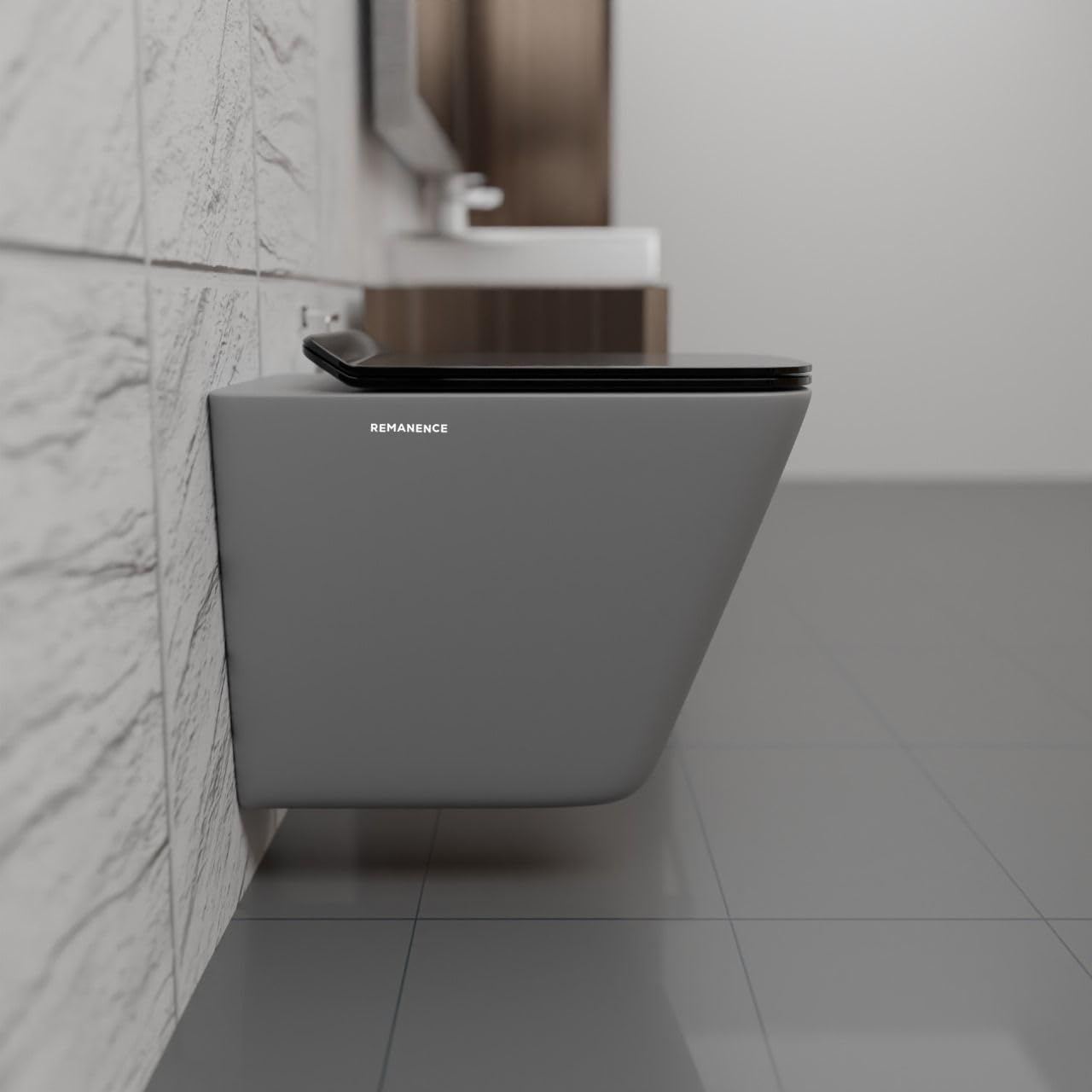 REMANENCE-EUROPEAN Style Ceramic Wall Mount Commode for Bathrooms with Soft Close Seat Cover (Grey)