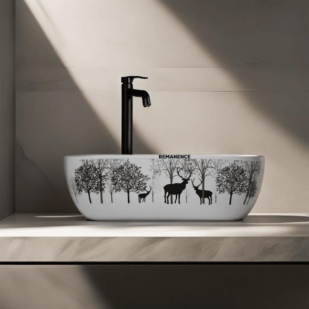 REMANENCE Premium Designer Table Top Wash Basin For Designer Bathrooms, Luxury Homes, Boutique Hotels (18 x 13 x 5.5 Inch) (Animal Printed)