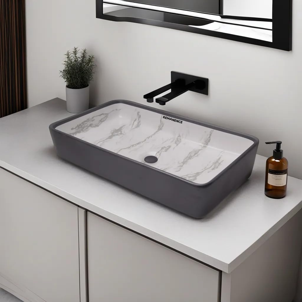 REMANENCE Designer Ceramic Table Top Wash Basin For Bathroom (24 x 14 x 5 Inch) (White Black Stripe Inside SL 55)