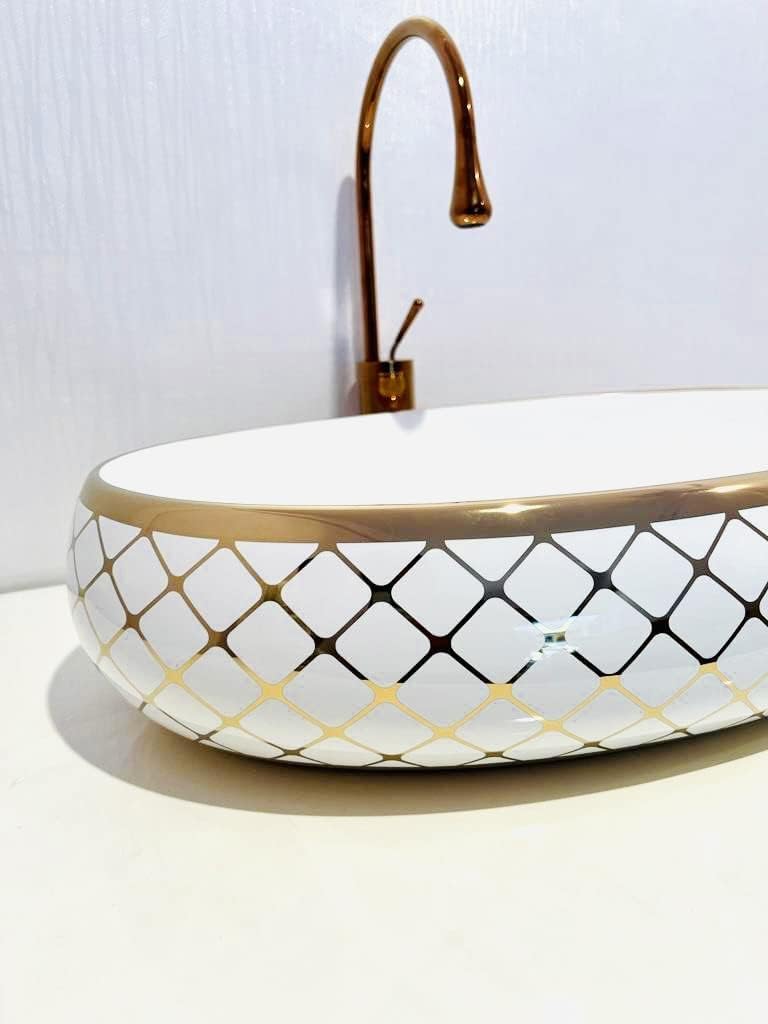 REMANENCE Premium Countertop Wash Basin for Boutique Hotels & Resorts, Showrooms & Offices, Premium Restaurants & Cafés, Luxury Bathrooms (24 X 14 X 5 Inch) (Glossy White Golden Basin-Cross Design)