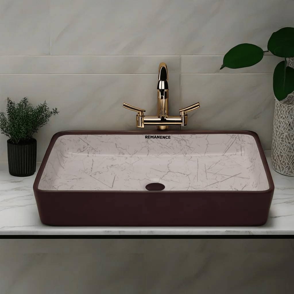 REMANENCE Designer Ceramic Table Top Wash Basin For Bathroom (24 x 14 x 5 Inch) (Matte Brown N White SL 61)