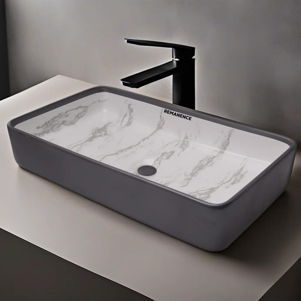 REMANENCE Designer Ceramic Table Top Wash Basin For Bathroom (24 x 14 x 5 Inch) (White Black Stripe Inside SL 55)