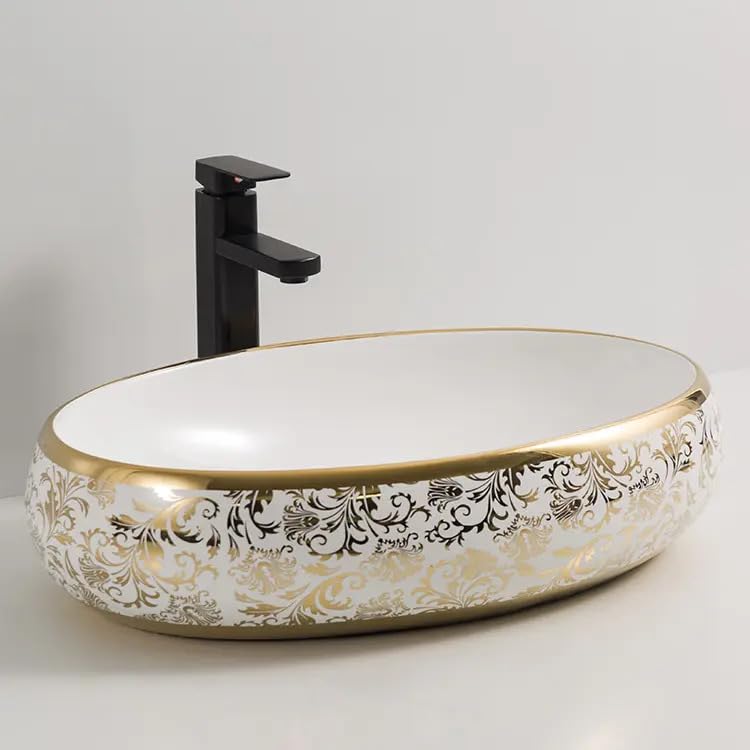 REMANENCE Premium Countertop Wash Basin for Boutique Hotels & Resorts, Showrooms & Offices, Premium Restaurants & Cafés, Luxury Bathrooms (24 X 14 X 5 Inch) (Glossy White Golden Basin-Abstract Design)