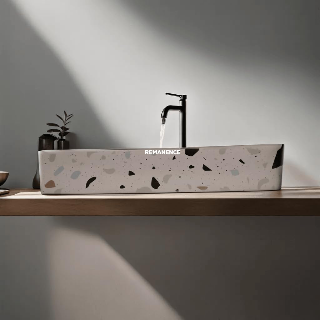 REMANENCE Designer Ceramic Table Top Wash Basin For Bathroom (24 x 14 x 5 Inch) (Designer White N Multi)