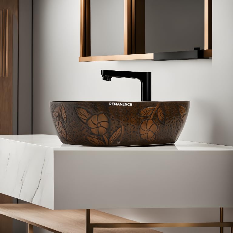 REMANENCE Premium Wooden Style Designer Table Top Wash Basin for Luxury Homes, Premium Restaurants & Cafés, Boutique Hotels & Resorts (18 x 13 x 5.5 Inch) (Wooden Style Basin 07)