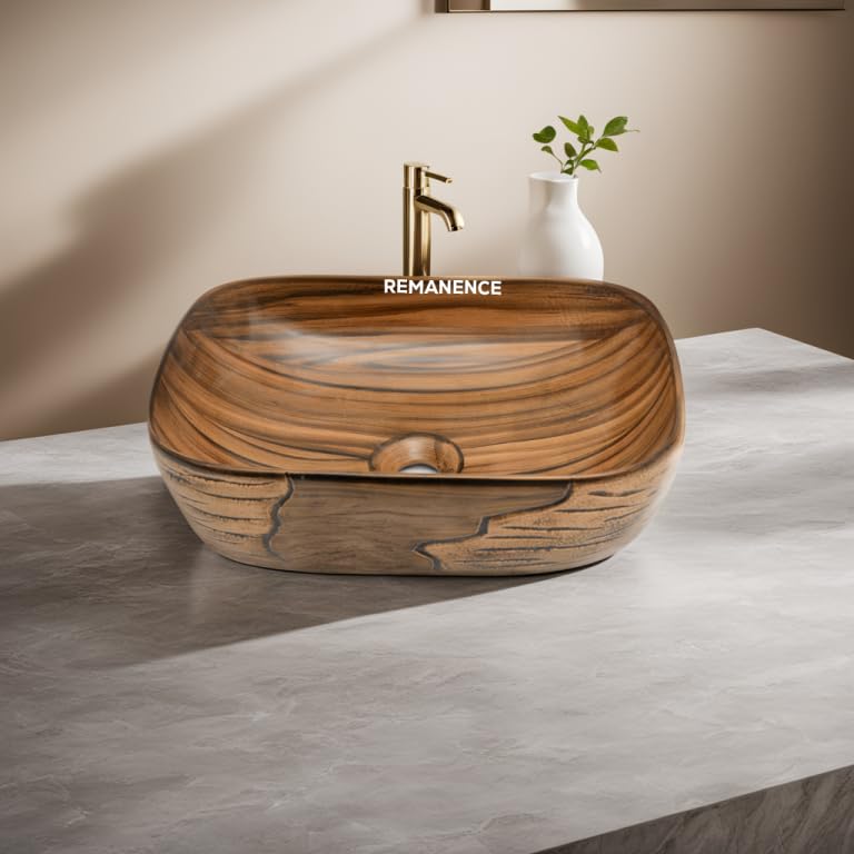 REMANENCE Premium Wooden Style Designer Table Top Wash Basin for Luxury Homes, Premium Restaurants & Cafés, Boutique Hotels & Resorts (18 x 13 x 5.5 Inch) (Wooden Style Basin 09)