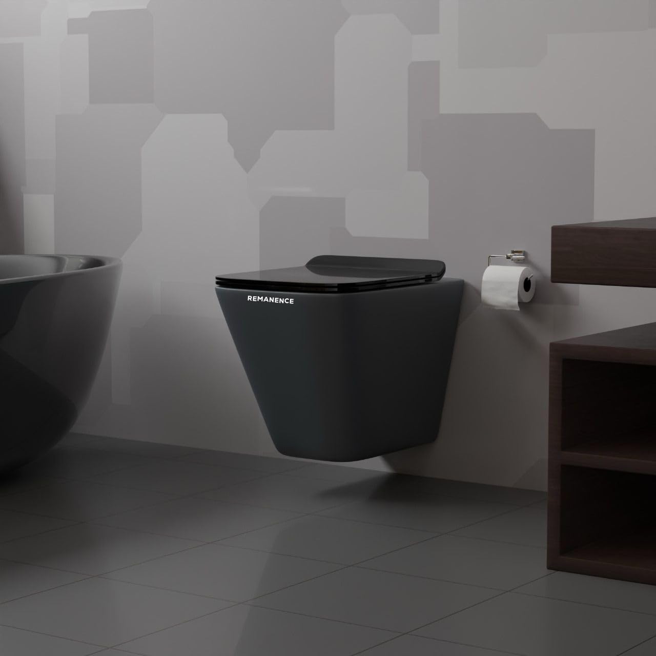 REMANENCE-EUROPEAN Style Ceramic Wall Mount Commode for Bathrooms with Soft Close Seat Cover (Dark Grey)