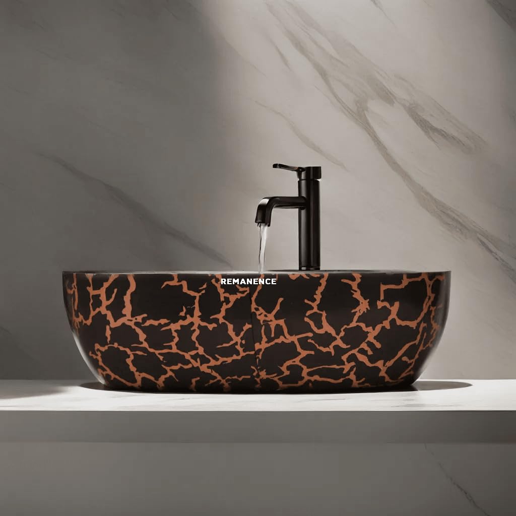 REMANENCE Premium Designer Table Top Wash Basin For Designer Bathrooms, Luxury Homes, Boutique Hotels (18 x 13 x 5.5 Inch) (AD 26 White N Black Gold)