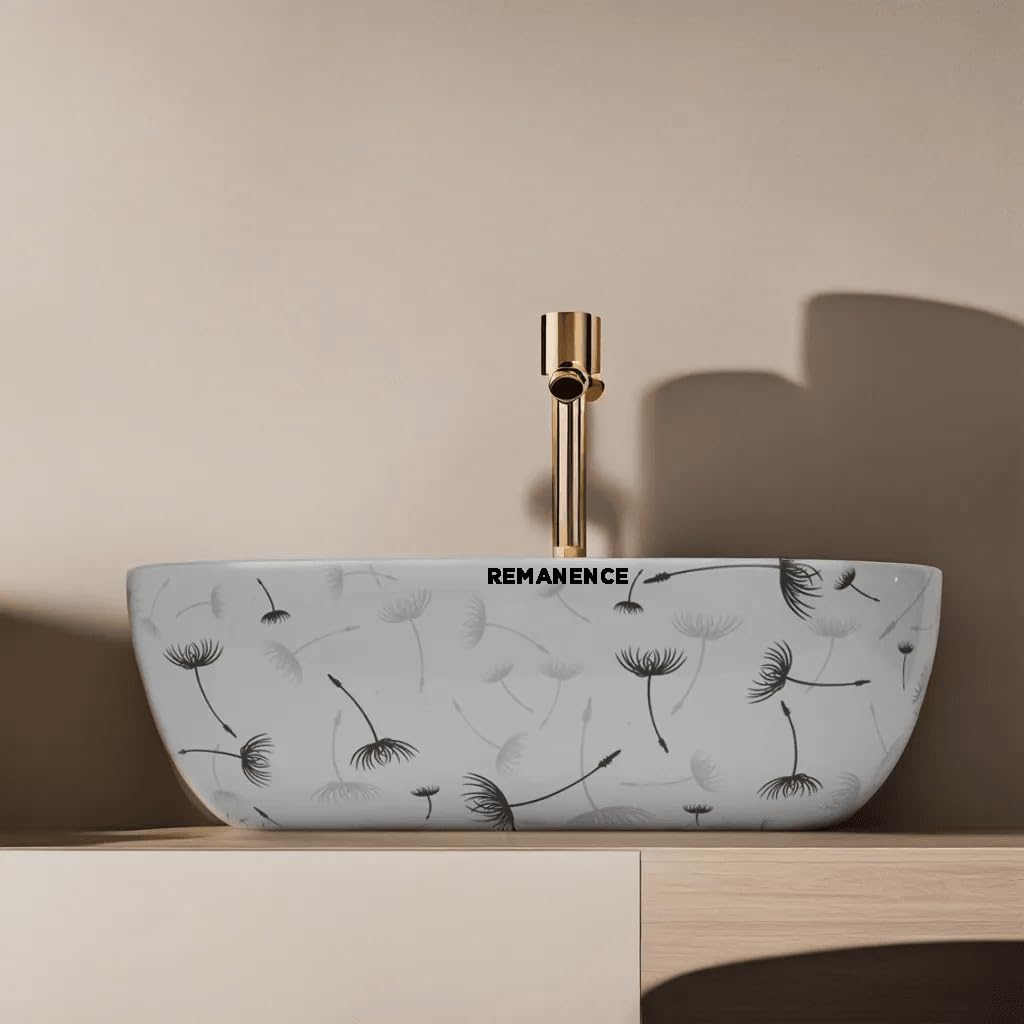 REMANENCE Premium Designer Table Top Wash Basin For Designer Bathrooms, Luxury Homes, Boutique Hotels (18 x 13 x 5.5 Inch) (AD 68 Flower Design)