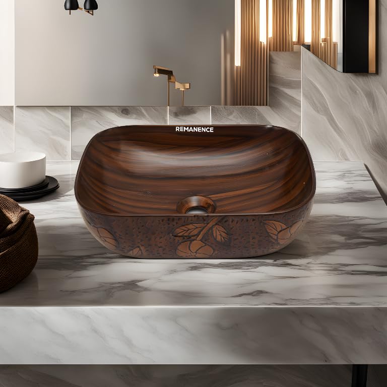 REMANENCE Premium Wooden Style Designer Table Top Wash Basin for Luxury Homes, Premium Restaurants & Cafés, Boutique Hotels & Resorts (18 x 13 x 5.5 Inch) (Wooden Style Basin 07)