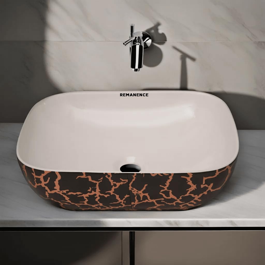 REMANENCE Premium Designer Table Top Wash Basin For Designer Bathrooms, Luxury Homes, Boutique Hotels (18 x 13 x 5.5 Inch) (AD 26 White N Black Gold)