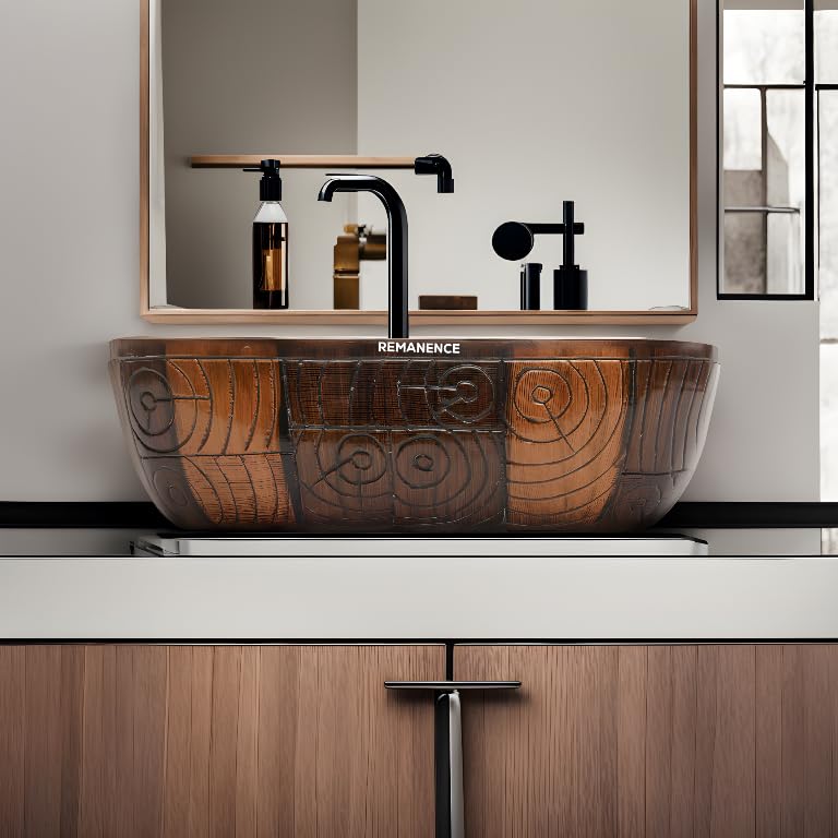 REMANENCE Premium Wooden Style Designer Table Top Wash Basin for Luxury Homes, Premium Restaurants & Cafés, Boutique Hotels & Resorts (18 x 13 x 5.5 Inch) (Wooden Style Basin 01)