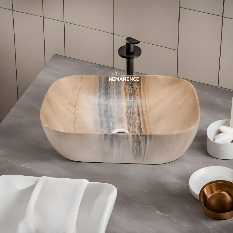 REMANENCE Premium Wooden Style Designer Table Top Wash Basin for Luxury Homes, Premium Restaurants & Cafés, Boutique Hotels & Resorts (18 x 13 x 5.5 Inch) (Wooden Style Basin 10)