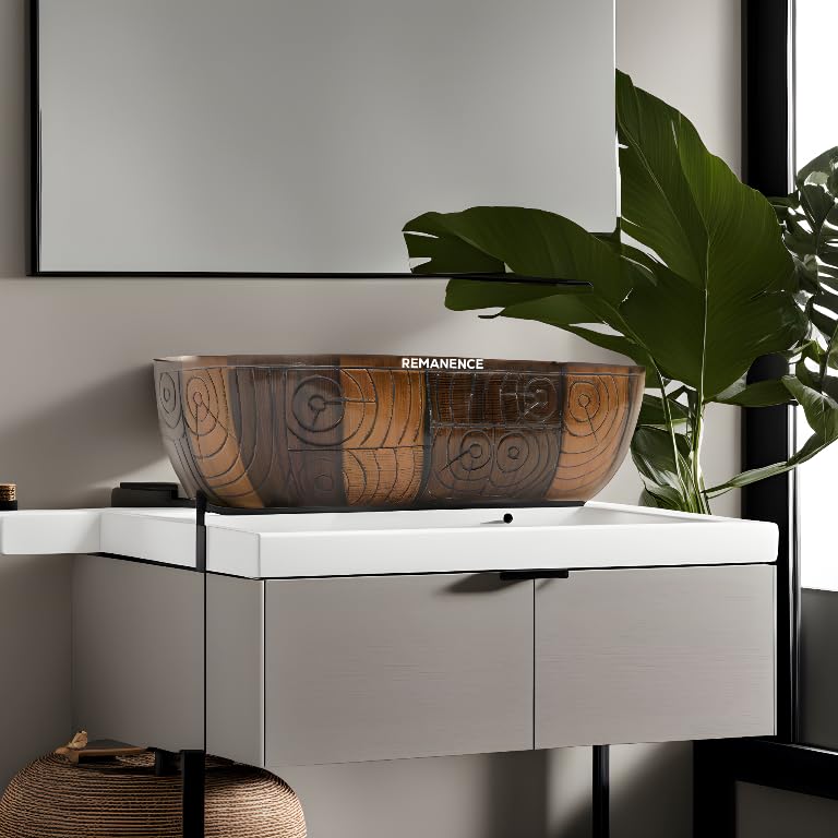 REMANENCE Premium Wooden Style Designer Table Top Wash Basin for Luxury Homes, Premium Restaurants & Cafés, Boutique Hotels & Resorts (18 x 13 x 5.5 Inch) (Wooden Style Basin 01)