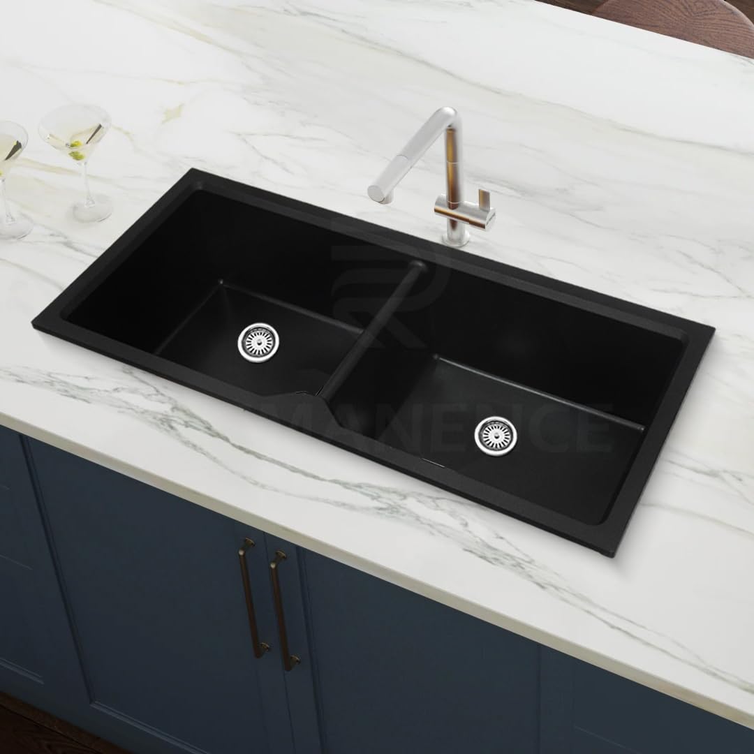 REMANENCE Granite Quartz Double Bowl Kitchen Sink With Drain Board (45 x 20 x 9 Inch) (Black)