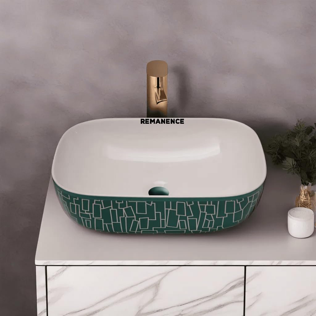 REMANENCE Premium Designer Table Top Wash Basin For Designer Bathrooms, Luxury Homes, Boutique Hotels (18 x 13 x 5.5 Inch) (AD 20 White N Rama)