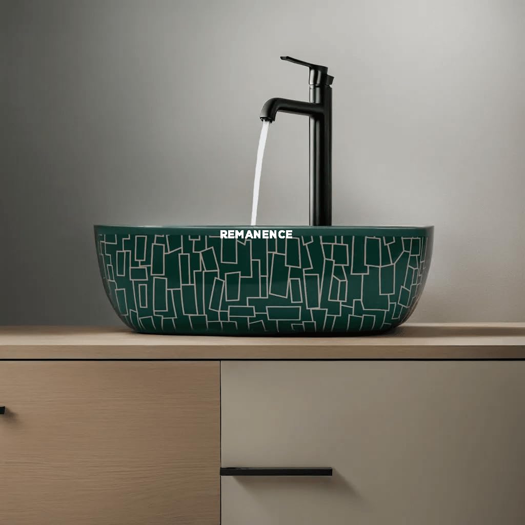 REMANENCE Premium Designer Table Top Wash Basin For Designer Bathrooms, Luxury Homes, Boutique Hotels (18 x 13 x 5.5 Inch) (AD 20 White N Rama)