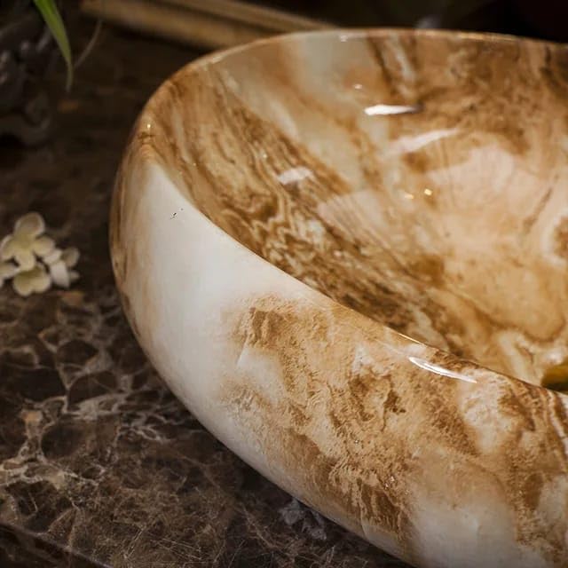 REMANENCE Ceramic Countertop Wash Basin for Designer Bathroom, Boutique Hotels, Luxury Homes (24 x 15 x 6 Inch) (Marble White N Brown)