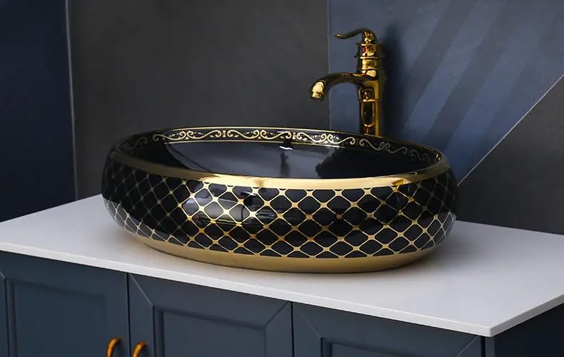 REMANENCE Premium Countertop Wash Basin for High-End Restaurants, Boutique Hotel & Resort, Gourmet Cafés (24 x 16 x 6 Inch) (Glossy Black Golden Basin-Cross Design)