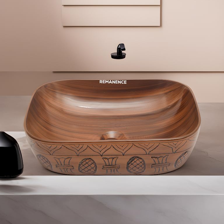 REMANENCE Premium Wooden Style Designer Table Top Wash Basin for Luxury Homes, Premium Restaurants & Cafés, Boutique Hotels & Resorts (18 x 13 x 5.5 Inch) (Wooden Style Basin 02)