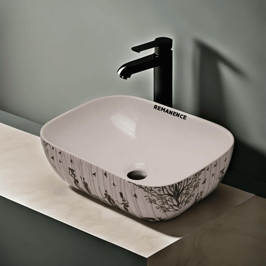 REMANENCE Premium Designer Table Top Wash Basin For Designer Bathrooms, Luxury Homes, Boutique Hotels (18 x 13 x 5.5 Inch) (AD 27 Forest Printed)
