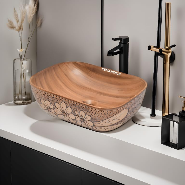 REMANENCE Premium Wooden Style Designer Table Top Wash Basin for Luxury Homes, Premium Restaurants & Cafés, Boutique Hotels & Resorts (18 x 13 x 5.5 Inch) (Wooden Style Basin 05)